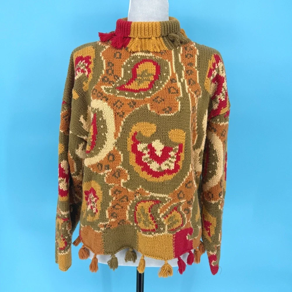 Vintage In-Wear Womens Fair Isle Chunky Knit Cotton Sweater Olive Mustard Medium